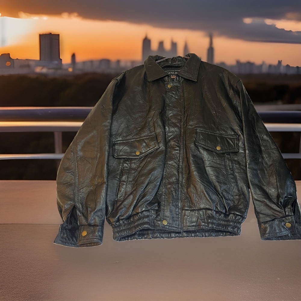 Vintage Y2K Napoline Outfitters Black Genuine Leather Bomber Jacket Large